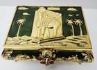 Vintage Jewelry Trinket Box Iraq Lamassu Gold green  Tone Enamel  Velvet Lining 