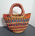 African Bolga Ghana Market Basket Woven Straw Tote With Leather Handles Small