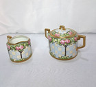 Antique Nippon Creamer   Sugar Set     Hand Painted Rose  Gold Trim  Checkerboard