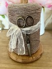 Large Vintage Wooden Spool Of Yarn With Vintage Scissors 13 In Tall