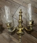 Vintage Brass Wall Candle Holder With Etched Glass Hurricane Sconce- Set Of 2