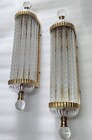 Pair Vintage Art Deco Brass   Ribbed Glass Rod Wall Sconce Light Fixture Lamp