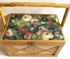 Vtg Hand Craved Wooden Sewing jewelry trinket Box Fabric Padded Top 10 x7 x 6 t