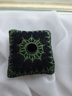 Blue Velvet Pin Cushion Thimble Holder Green Embroidered Trim Handmade Vintage 