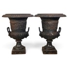 Antique French Cast Iron Campana Garden Urns Pair Lion Mask Handles 24   19th C 
