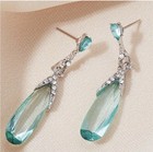 Silver Tone Aqua Crystal Teardrop Dangle Drop Earrings Rhinestone Hook