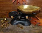 Vintage Farmhouse Balance Scale Cast Iron Solid Brass Bell Weights   Pan