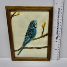Vintage Blue Parakeet Bird Crewel Embroidery Picture Framed Art Pet 7 5 X 5 5