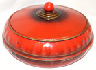 Vtg 1950   s Round 3 Piece Red Black Metal Sewing Tin Box Needle Thread Organizer