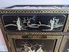 Black Lacquer Oriental Chinese Export Carved Soapstone Figural Buffet Cabinet