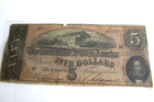 1864  5 Confederate States Of America Five   Note Civil War Currency Original