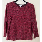 J Jill Red Black Floral Print Long Sleeve Cotton Knit Top Women s Size M