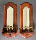 Vintage Wood Brass Mirror Wall Candle Holders Sconce 19  X 8  Set Pair Mcm