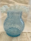Vintage Blue   White Art Glass Vase Ruffled Rim Marbled   Slag Glass Style 7 