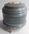 Vintage Antique Blue Metal With Porcelain Lid Insert Powder Puff Music Box 3 75 