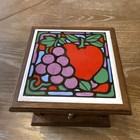 Vintage Mid Century Wood Cork Coasters  Set Of 6 Wooden Box Apple Grapes Top