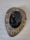 Vtg 1930s Art Deco Black Glass Cameo Filigree Dress Clip Missing  Stones As Is