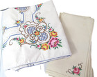 Vtg Tablecloth Embroidered Pink Roses Large 61 x99  Lace   Cloth Napkins Z2