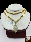 Real 10k Gold Natural Diamond Hamsa Hand Pendant 20   Miami Cuban Chain