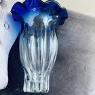 Stunning Vintage Glass Vase Cobalt Blue Clear Ribbed Scalloped Rim