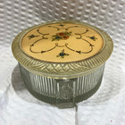 Vintage Set Of 2 Ribbed Glass Powder Jar  Cream Jar W  Floral Decorated Lid 
