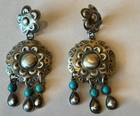 Signed Navajo Sterling Silver Turquoise Repousse Dangle Post Earrings 