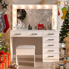 Vanity Table Makeup With 12 Led Lighted Mirror Dressing Stool Set And 7 Drawers