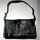 Rare Harley Davidson Silver Rivet Flames Purse Real Black Leather W  Red Lining