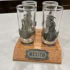 Vintage Mexico Shot Glass Set 4 Pewter Wrap Glasses Wood Holder Mexican Barware