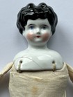 14    Antique Low Brow China Head Doll Black Hair Blue Eyes Damaged Breast Plate