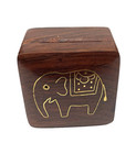 Vintage Small Wood Trinket jewelry Box  India  Gold Elephant Inlay  Hinged
