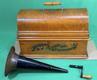 Antique Thomas Edison Home Cylinder Phonograph Golden Oak W horn  Crank   Lid