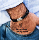 Custom Name Men Bracelet Handmade Black Leather 1-10 Beads Adjustable Wristband