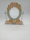 Vintage Vanity Mirror Cast Iron Enameled Floral Sage Peach Silvertone Swivel