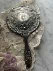 Silver Plated Ornate Vintage Handheld Vanity Mirror  Floral Scroll Engraved Back