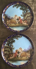 Antique F Boucher Pastoral Cabinet Plates French Cobalt Blue Gold Gilt Rim Pair