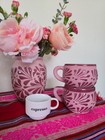 Pink Talavera Style Mexican Pottery Mugs  Hand Painted Design  Made In Mexico