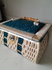 Vtg Jc Penney Wicker Sewing Basket Box Padded Blue Hippie Mod Fabric W tray Euc 
