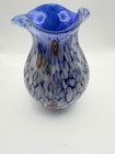 Hand Blown Art Glass Vase Blue   White Millefiori Confetti Vase 8   