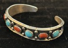 Reed Charley Navajo Handmade Sterling  Turquoise And Red Coral Cuff Bracelet