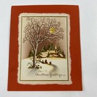 Vintage Mid Century Christmas Greeting Card Moon Over Snowy Trees Houses People