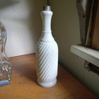 1880s White Opaque Blown Glass Swirled Rib Barber Bottle Original Shaker Lid