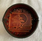 Kauai Hawaii Glass Ashtray With Tooled Leather Holder Palm Tree Sunset Round 