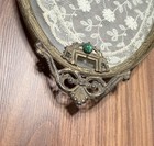 Vintage Brass Vanity Tray With Lace Under Glass     Oval Perfume Tray