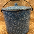 Vintage Antique Blue Graniteware Bucket With Lid   Wood Handle