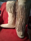 Hand Made Dear Skin Soft Leather Tall Fringed Moccasins Size 7 High Calf 17 Inch