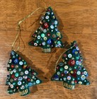 Set Of 3  Festive Green Felt Handmade Christmas Tree Ornaments  Beads   Sequins