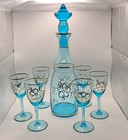 Vintage Romanian Blue   22kgold Glass Decanter W 6 Cordial Glasses Floral Design