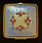 Vintage Baby Blue Enamel W Pink Roses Guilloche Compact Powder Puff Makeup  Case