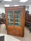 Early 20th Century Antique Pine Wood Corner Cabinet  Hand Blown Glass Panes 